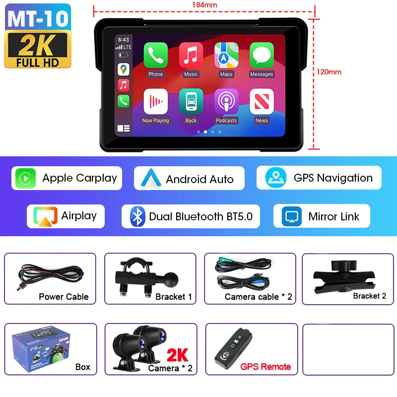 7 inch draagbare motorfietsnavigatie Ondersteuning 2K camera IPX7 waterdicht LCD-scherm voor draadloze CarPlay Android Auto