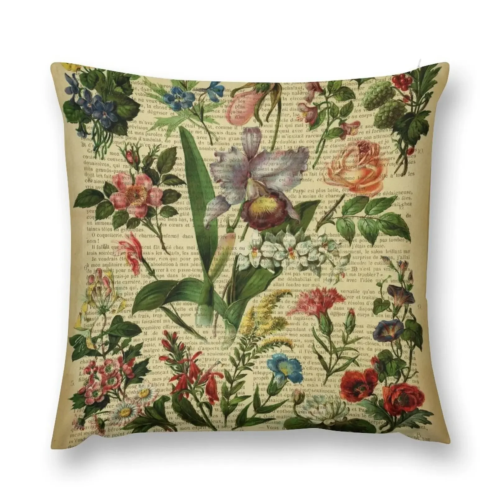 

Botanical print, on old book page - garden flowers Throw Pillow Sofa Cushions Covers pillow