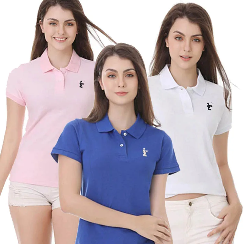 Polo Shirt 100% Pure Cotton Summer Lady Short Sleeve Deer Logo Casual Women Lapel T-shirt Female Fit Tops 813