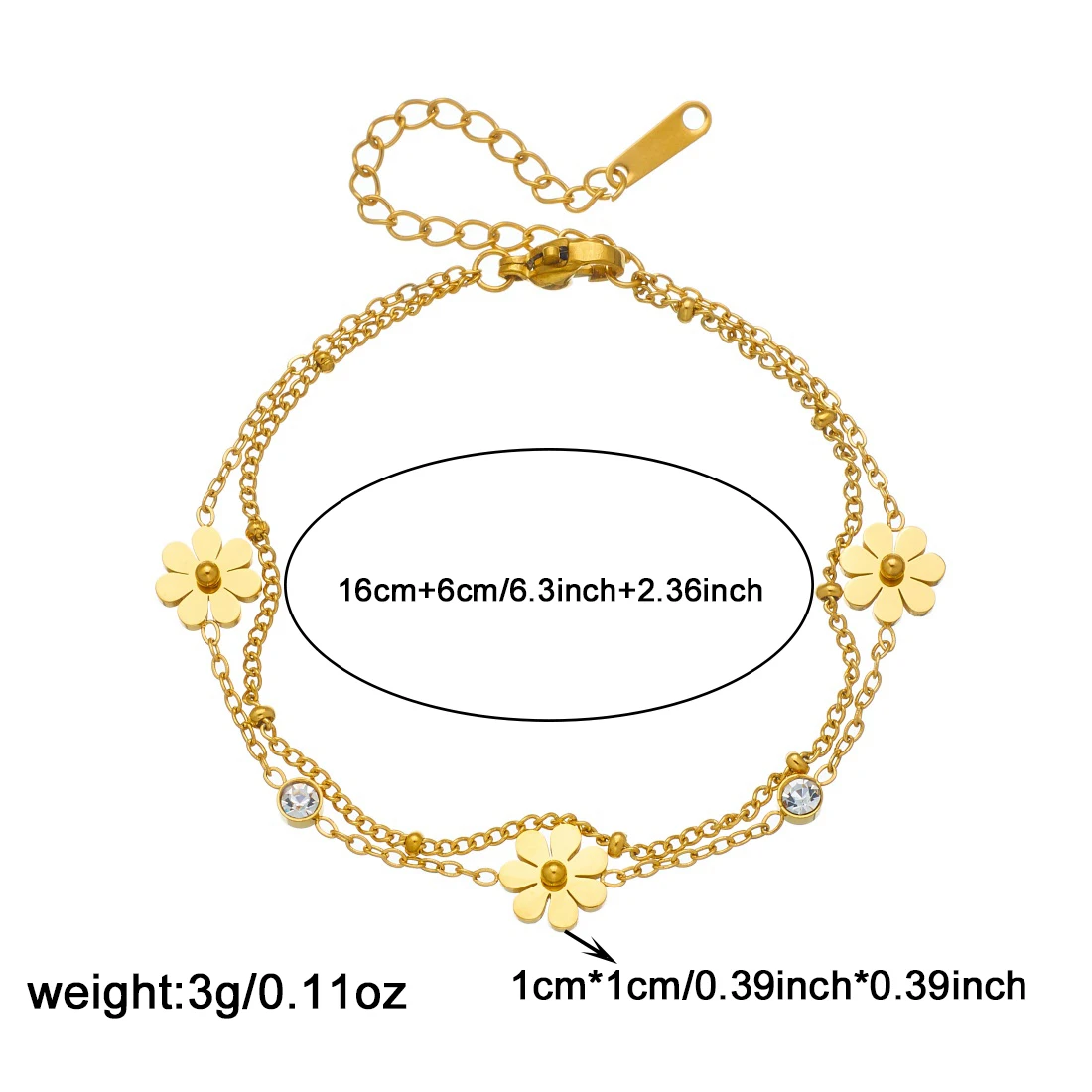 Stainless Steel Golden Bright Daisy Round Zircon Double layer Bracelet Lady Fashion Hand Chain Waterproof Jewelry