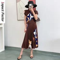 Miyake Pleated Fashion Temperament Two Piece Women's Printed Short Sleeve Top Versatile Draping Pleated Skirt Set