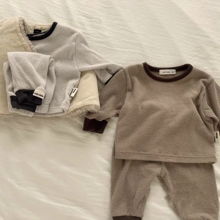 Autumn Winter Children Solid Thicken Long Sleeve Tshirt Suit Boy Baby Cotton Casual Tops+Pants 2pcs Girl Infant Fashion Tees Set