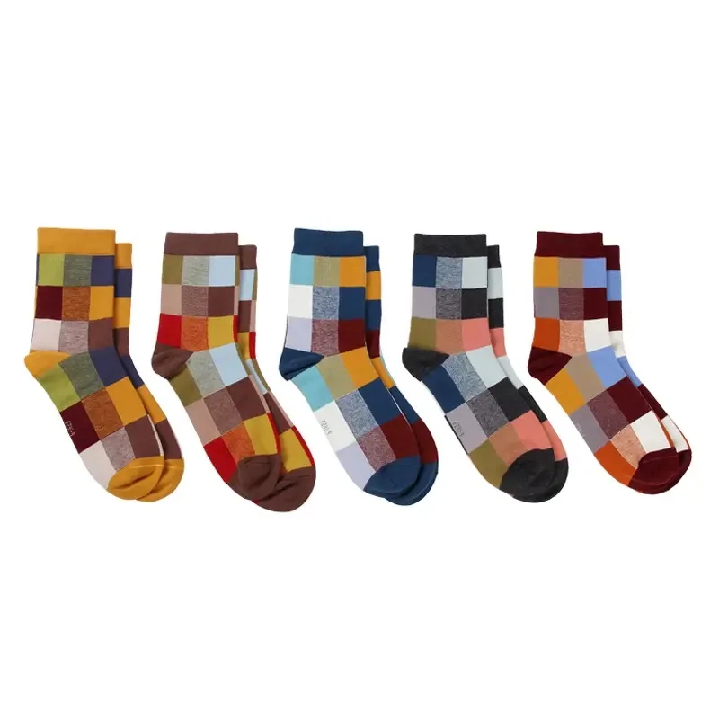 5Pairs/Combed Cotton Men's Socks Spring and Autumn Compression Socks Fashion Colorful Square Happy Dress Socks Men Size EU39-45