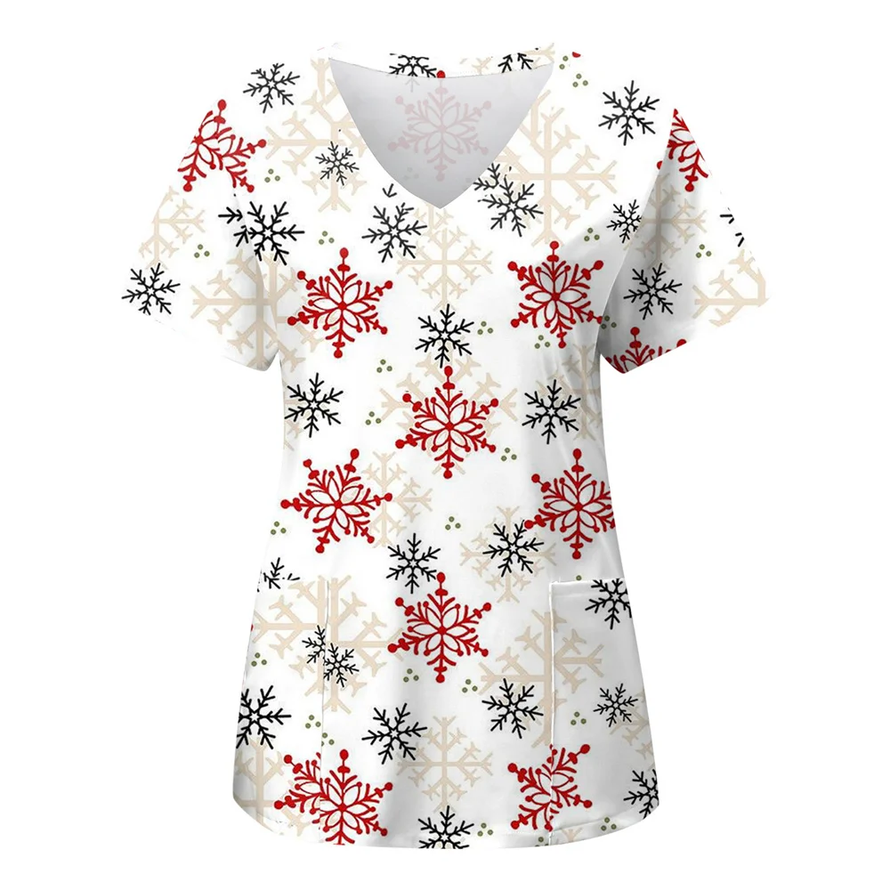 Surgical Uniforms Holidays Christmas Prints Style Pocket Design Surgical Costume Woman V-Neck Short Sleeve Nurse Medical Uniform