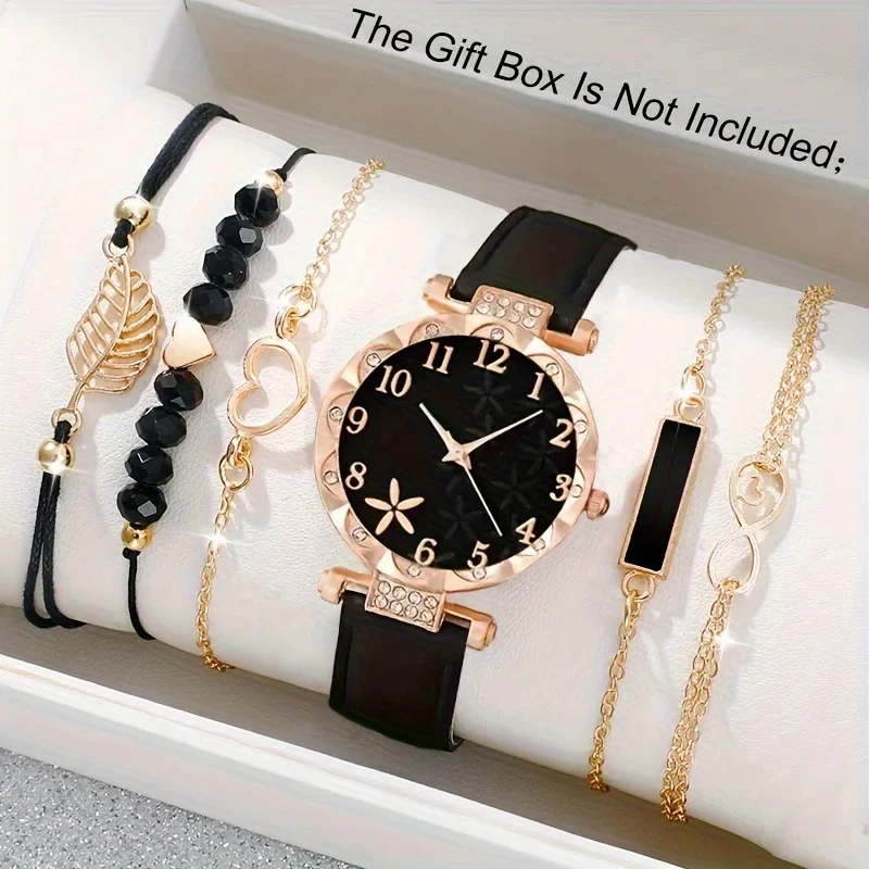 

6 Pcs Black Round Quartz Watch PU Leather Strap Zinc Alloy Pointer Zinc Alloy Case And Bracelet Jewelry Gift For Mom Her