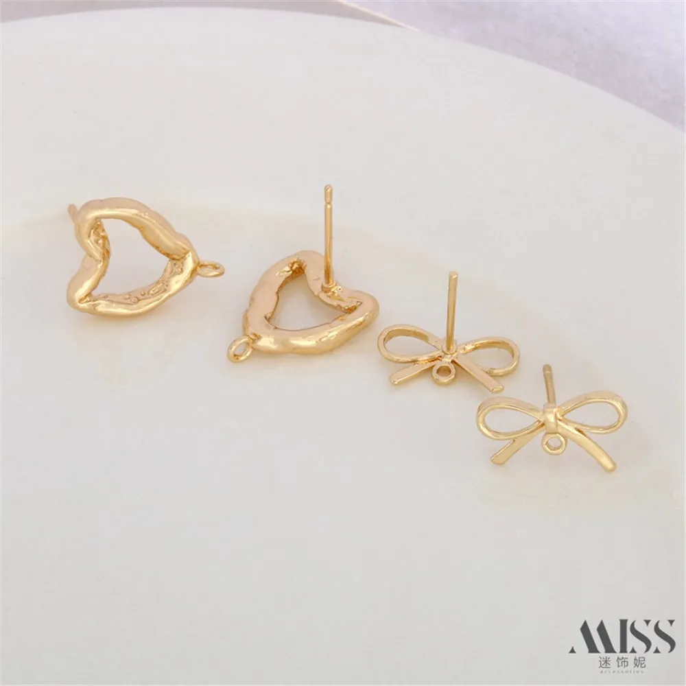 

14K Gold-wrapped Irregular Peach Heart Bow with Hanging Studs S925 Earrings DIY Earrings Ear Jewelry Accessories