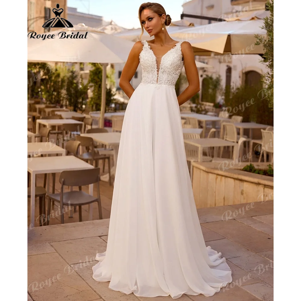 2027 V Neck A Line Wedding Dress Beaded Lace Bodice Soft Chiffon Skirt Chapel Train Open Back Abiti Da Sposa Customized