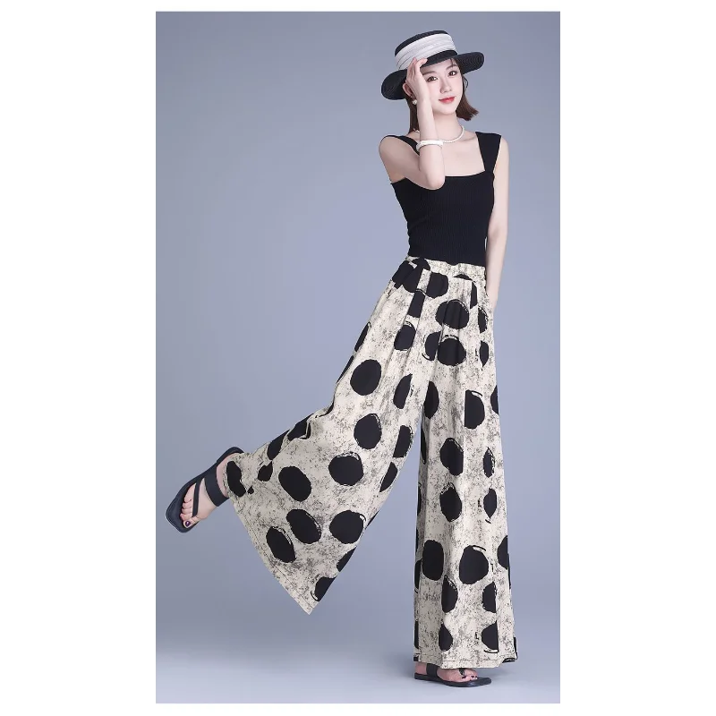 

2025 новые женские сшитые эластичные модные свободные и универсальные повседневные брюки с высокой талией и принтом