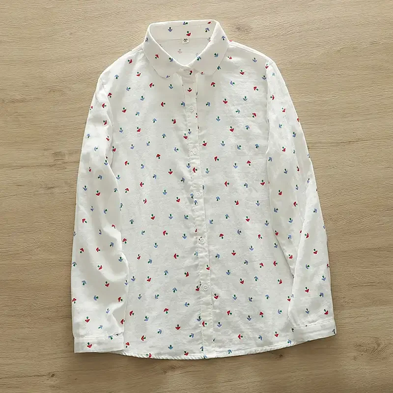 

Women's White Cotton Button Down Shirt Peter Pan Collar Cute Mushroom Print Casual Blouse