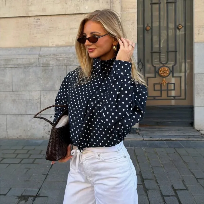 Lady Casual Polka Dot Short Jacket Coats High Neck Long Sleeve Loose Pocket Outerwear Autumn Elegant Office Zip Up Crop Coats