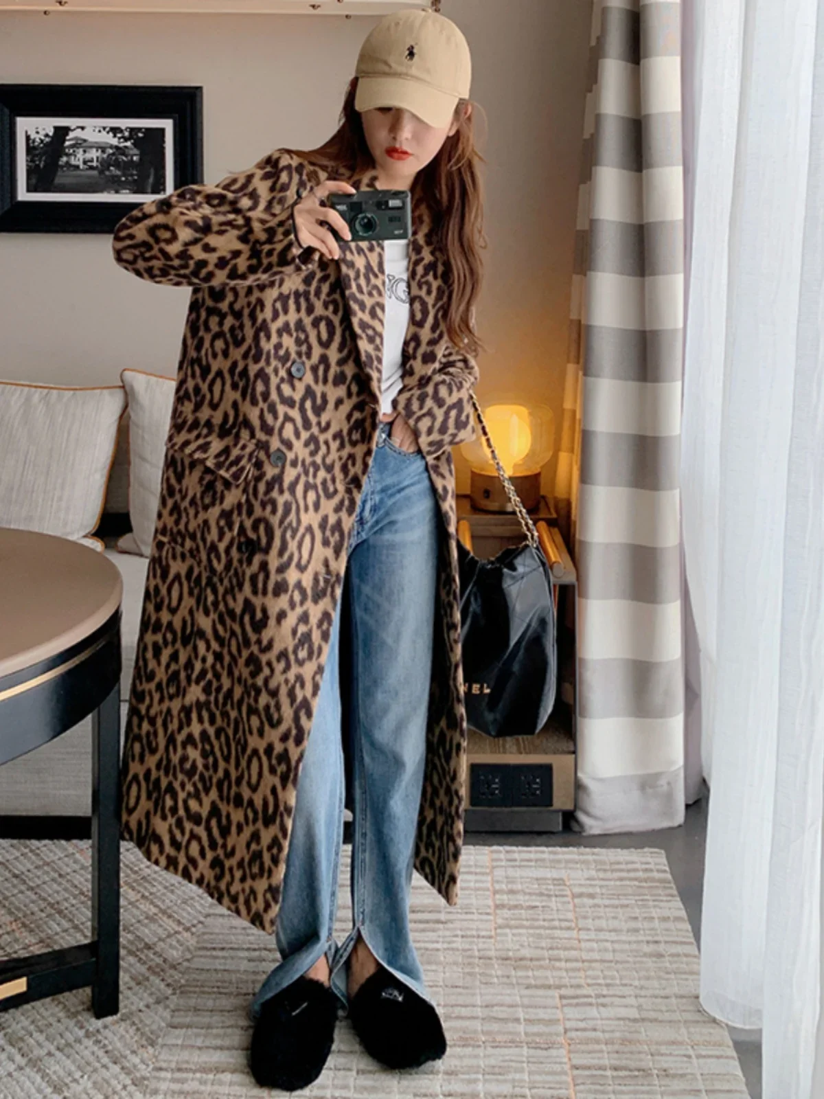 Women\'s Woolen Leopard Coats Loose Casual Double Breasted Retro Double-sided Jacket Office Lady Outerwear Autumn Winter 2024