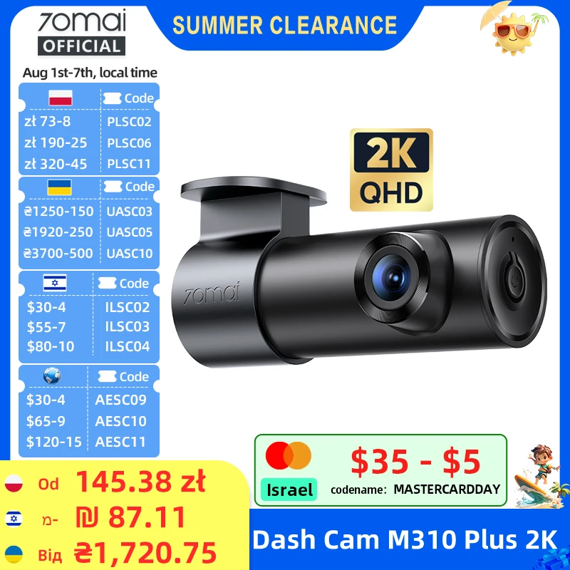 70mai Dash Cam M310 Plus 2K 1440P 143°FOV F1.55 Smart Voice Control 24H Parki...