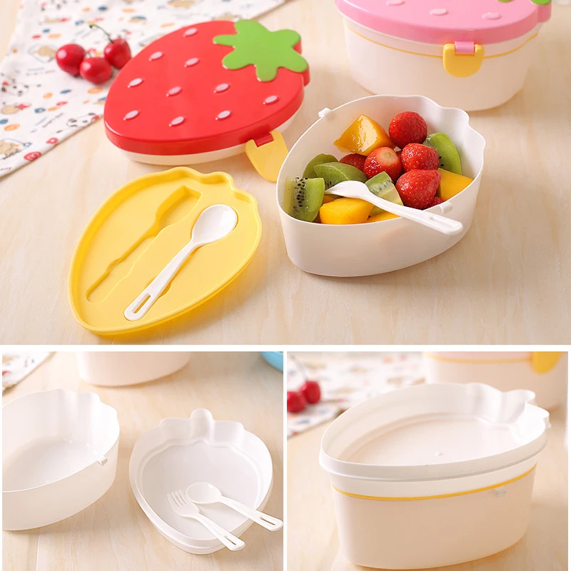 2 Layer Bowl Strawberry Shape Lunch Box 500ml Double Storage Bento Boxs Food Fruit Cute Microwave Tableware Bowl for Kids School