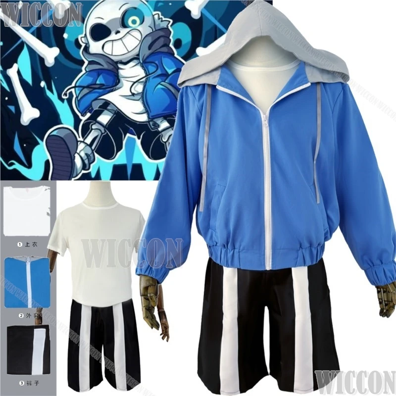 

Sans Undertalee Cosplay Anime Game Costume Blue Hoodie Coat White Shirt Black Short Cool Man Halloween Festival Carnival Navidad