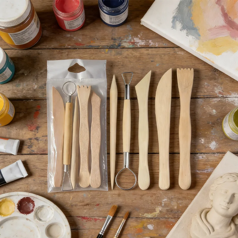 Ensemble d'outils de sculpture en argile en bois de 5 pièces - Outils de sculpture en poterie à double extrémité pour l'art céramique et l'artisanat en argile DIY