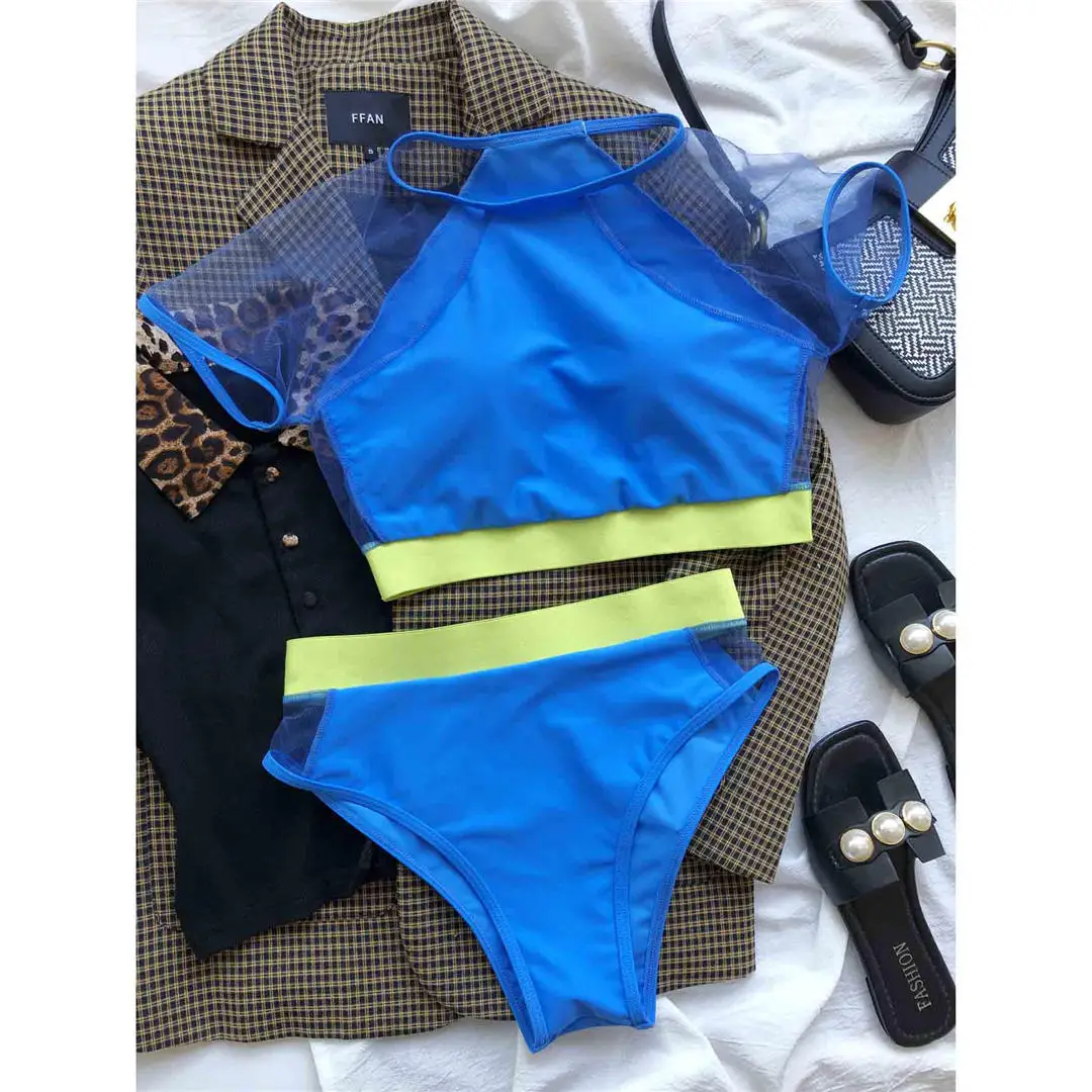 Kurzarm-Badeanzug mit Mesh-Einsätzen, Damen-Bikini mit hoher Taille, zweiteiliger Bikini-Set, Badebekleidung, Badeanzug, Modell V2871. – Detail 22