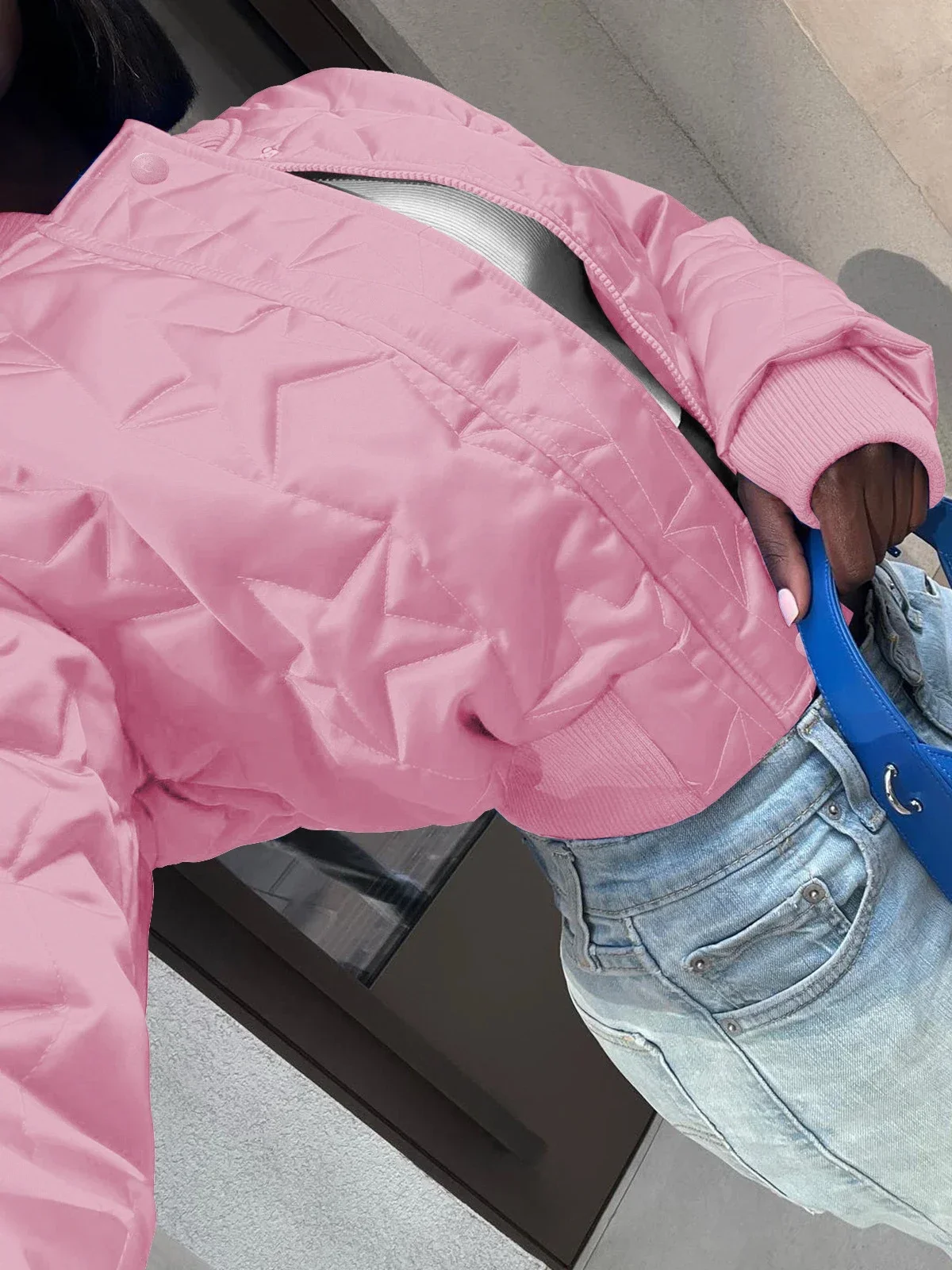 Women\'s Fashion Long Sleeve Zipper Short Quilted Coat Autumn Winter Cotton Padded Stars Bomber Jacket 2024 Girls Varsity Jacket