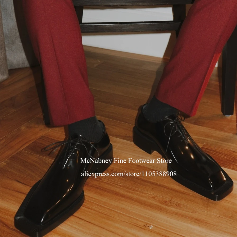 Patent Leather Lace Up Oxfords with Ribbed Sole Square Toe Alpha Male Shoes Men Dress Shoes for Formal Business Wedding Office