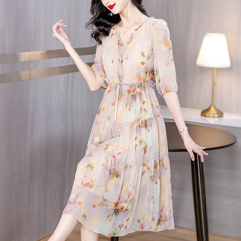 2024Summer New Women's Floral Heavy Mulberry Silk Silk Dress