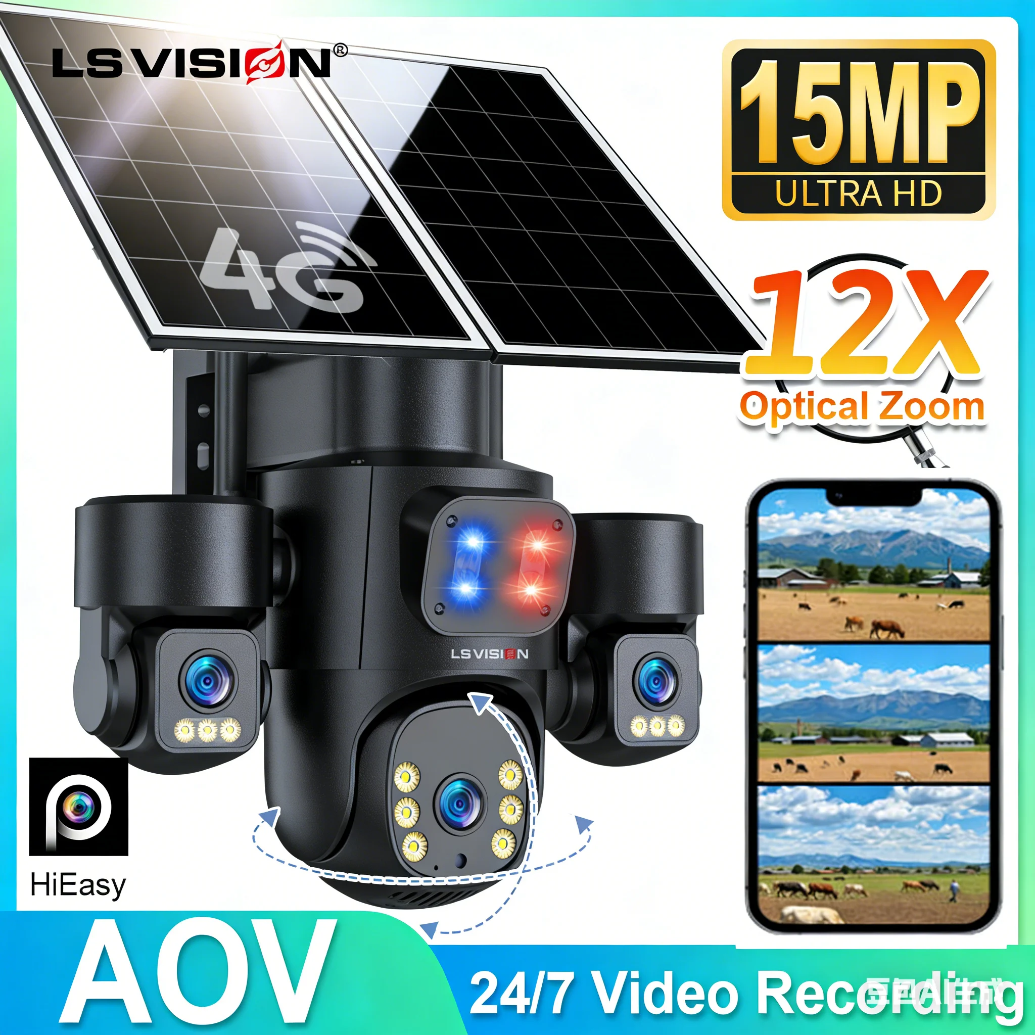 LS VISION AOV 3-Screens Solar Camera 12X Optical Zoom Outdoor 4G 24/7 Video Recording CCTV Cameras Solar Powered Battery PTZ Len