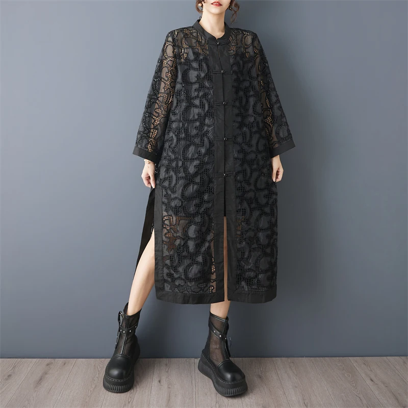 Elegant Chinese Style Embroidered Heavy Work Hollow out Long Sleeve Women's Windbreaker Fashionable Loose Fit High Waist