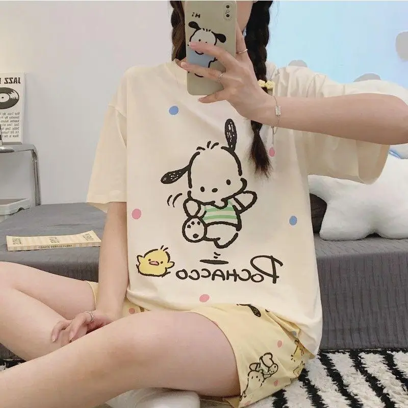 

Cute Pochacco Pajama Suit Summer Cotton Kawaii Homewear Short Sleeve Shorts Suit Sanrioed Anime Homewear Cartoon Girls Nightwear