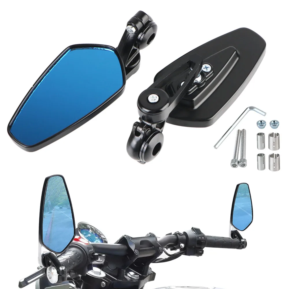 

360° Rotating Motorcycle Rearview Mirrors Anti-glare Wide Angle For 7/8" 22mm Handlebar Blue Glass Handle Bar End Side Mirror