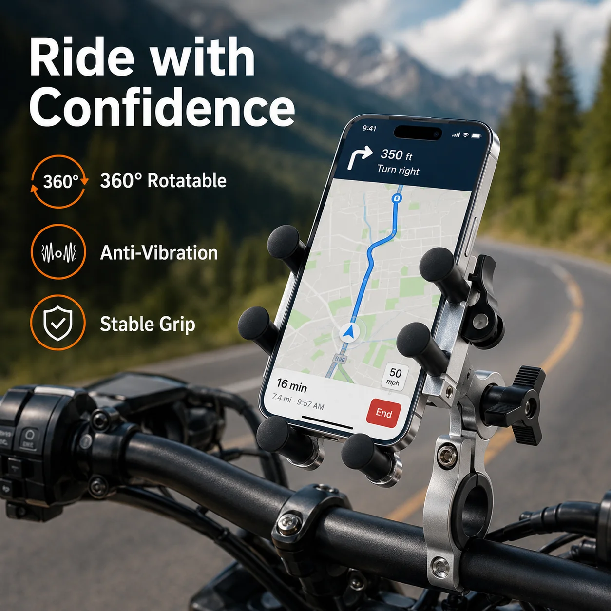 Motorcycle Phone Holder Aluminum Alloy Handlebar Mount 360 Rotatable Anti Vibration Adjustable Navigation Stand for Bike Bicycle