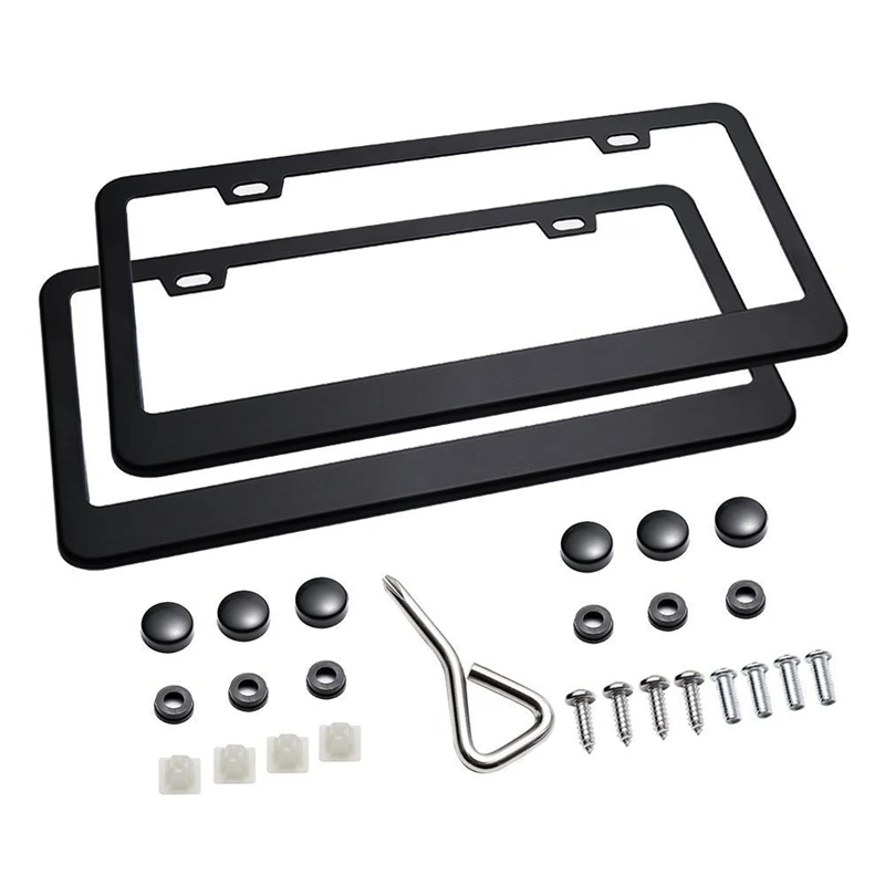 Matte Aluminum License Plate Frame With Chrome Screw Caps, 2Pcs 2 Holes Black License Plate Frames, Car License Plate Covers For