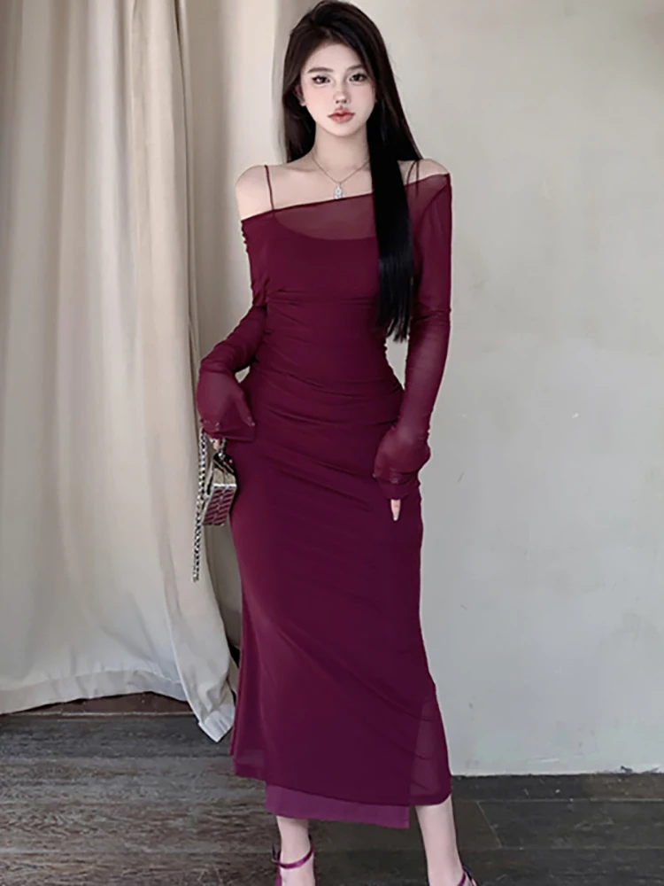 2024 Red Mesh Long Sleeve Chic Sling Sexy Dress Suits Autumn Winter Elegant Casual Long Dress Women Korean Vintage Evening Dress