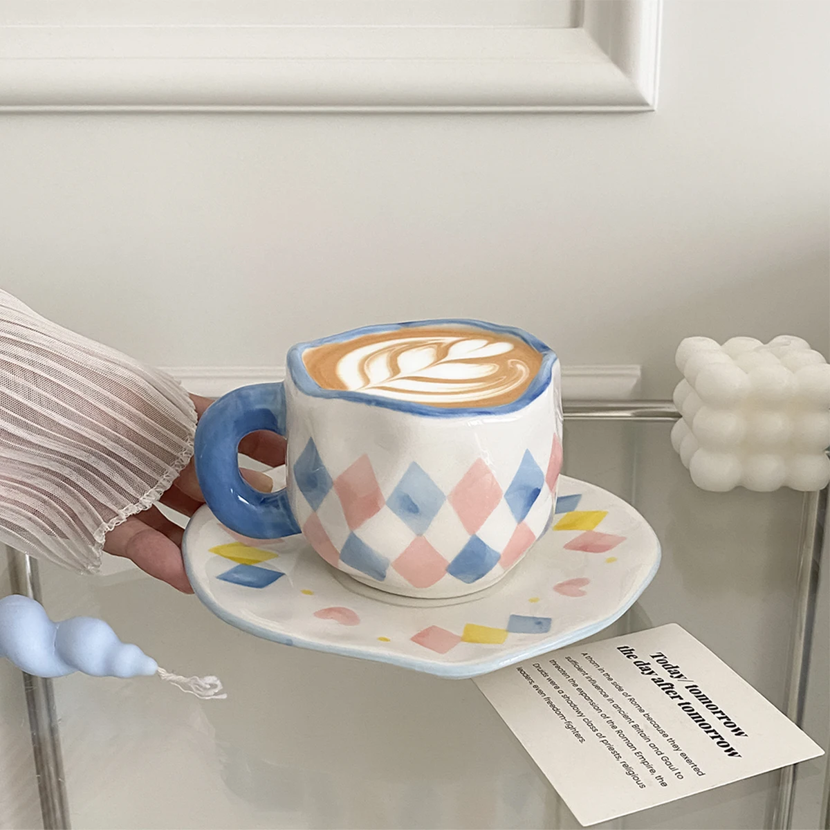 1Pc 280ml Original Design Nordic Style Hand-Painted Ceramic Coffee Cup and Saucer, Multi-Color Plaid, Heart, Blue Sky and White Clouds, Floral Mug, Suitable for Afternoon Tea, Milk Cup and Saucer, Latte Cup, Dessert Plate, Cup and Saucer Set, Great Gift Item view 6