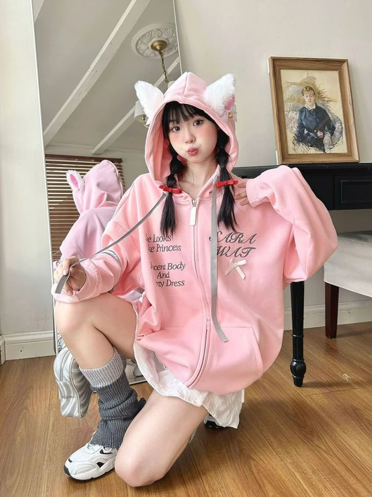 

Deeptown Y2K Embroidered Pink Bow Design Sense Loose Hooded Zipper Cardigan Loose Cute Cat Ears Harajuku Casual Coats 2024