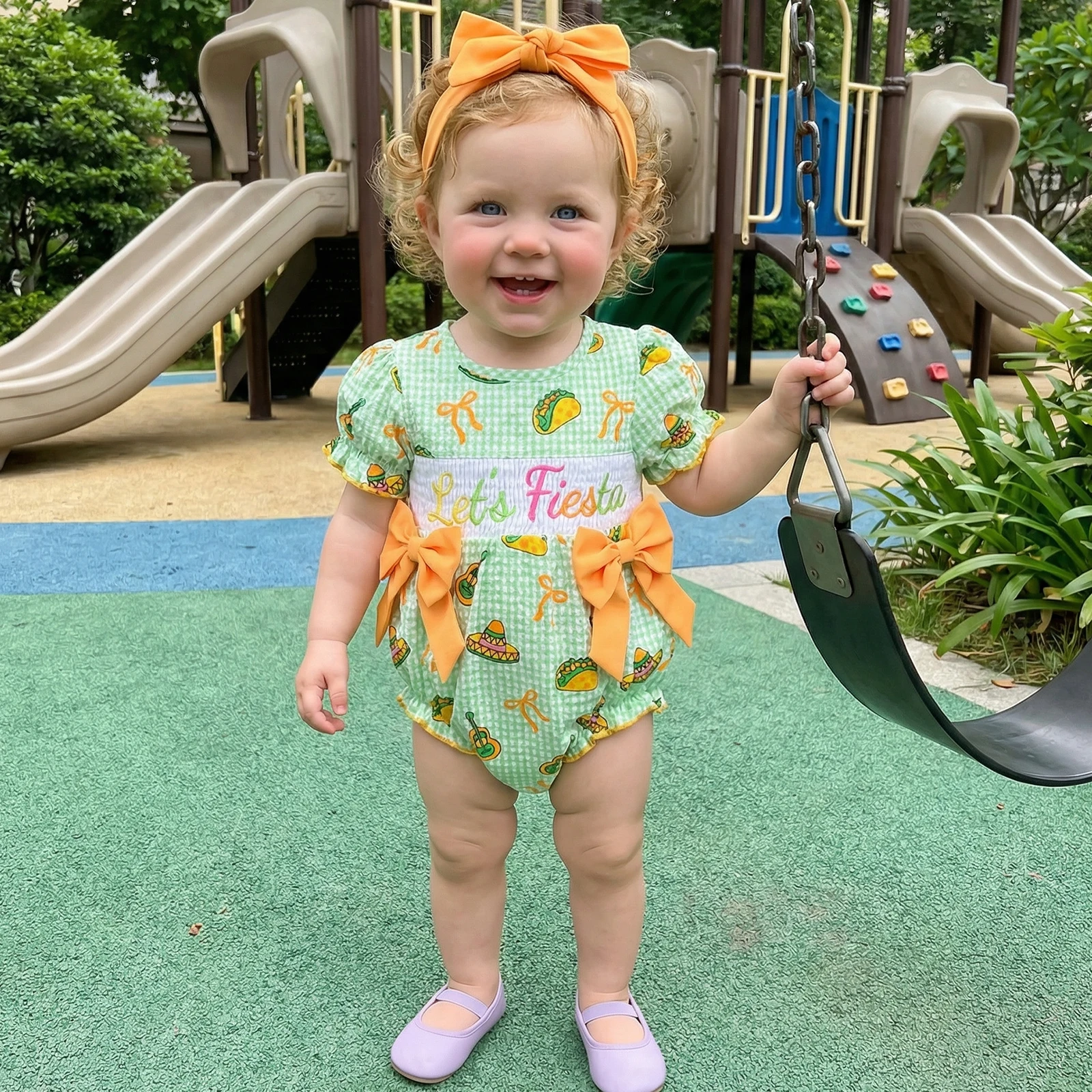 Baby Girls Summer Plaid Romper Short Sleeve Round Neck Bow Carnival Elements Pattern Print Bodysuit with Bow Headband