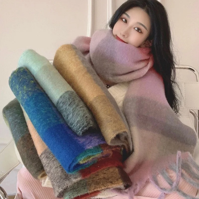 Luxury Brand Women Plaid Scarf Winter Warm Pashmina Shawls Cashmere Thick Wrap Lady Tassel Blanket Scarves Rainbow Hairy Bufanda