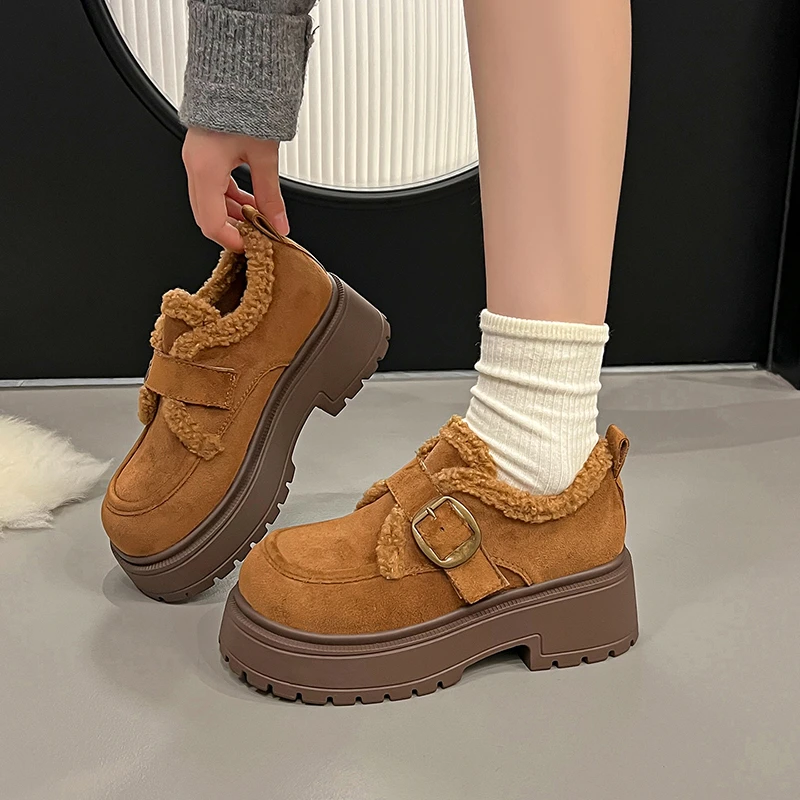 شتاء دافئ النساء أحذية قطنية كعب مكتنز الصوف الأحذية الحديثة موضة في الهواء الطلق السيدات Bootie عدم الانزلاق مشبك حذاء من الجلد غير رسمي #6
