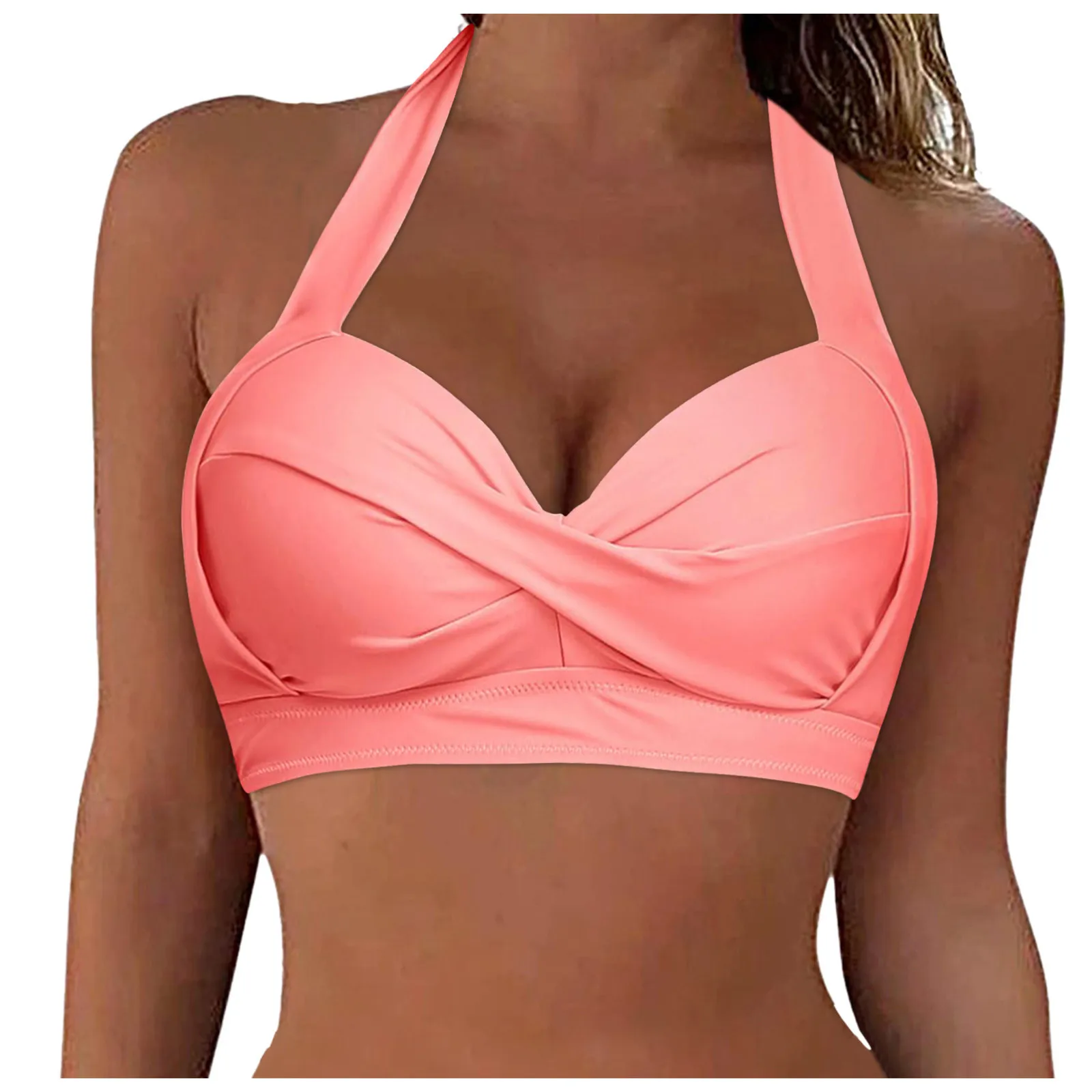 Women\'S Solid Color Halter Swimsuit Top Under Wear Full Cup Bikini Top Plastic Halter Minimal Swimsuit Top Bikini Bra