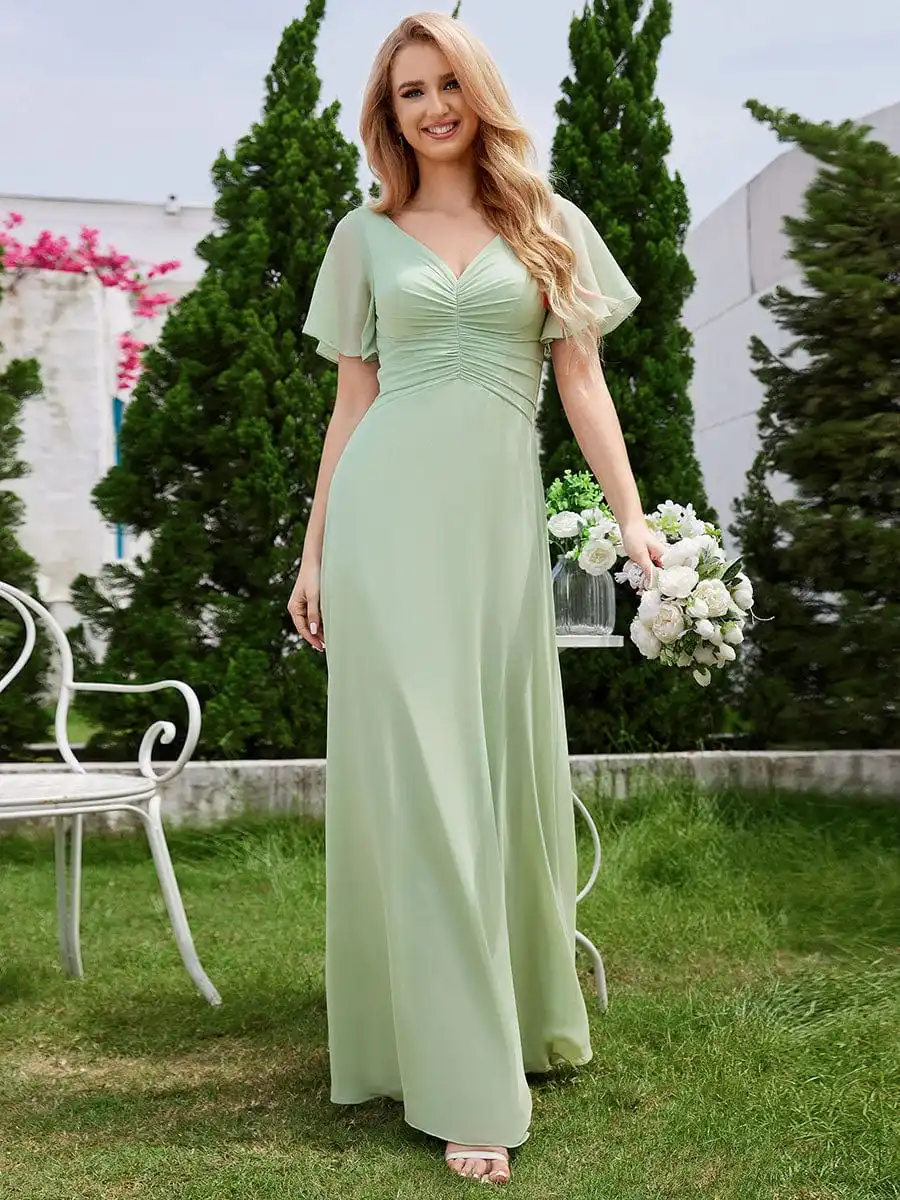 

Elegant Evening Dresses Ruffled Sleeves and V-Neck Pleated 2024 Ever Pretty of A-Line Chiffon Mint Green Bridesmaid Dress