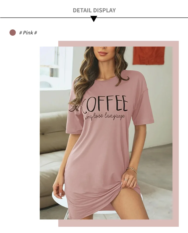 Damen-Nachthemd, Sommer, kurzärmelig, Schlafshirt, Rundhalsausschnitt, T-Shirt-Kleid, weiches Nachthemd, Heimkleidung, Nachtwäsche und Loungewear – Detail 8
