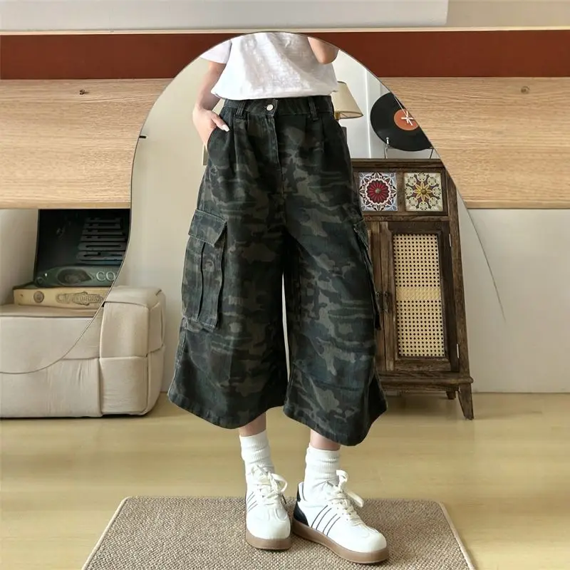 

Retro Camouflage Workwear Jeans for Women Summer New Loose Straight Wide-leg Cropped Pants