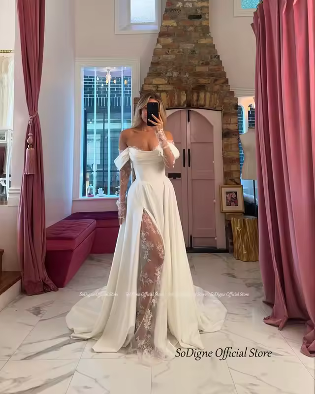 SoDigne A-line Wedding Dresses Off Shoulder Long Sleeve Satin/Lace Bridal Dress Elegant Bride Gown vestidos de novia customized - Image 2