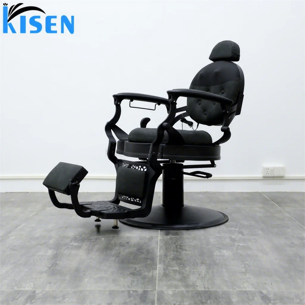 High End Hair Salon Equipment Hair Salon Massage Reclining Lay Down Black Leather Electric Barber Chair for Men Use
