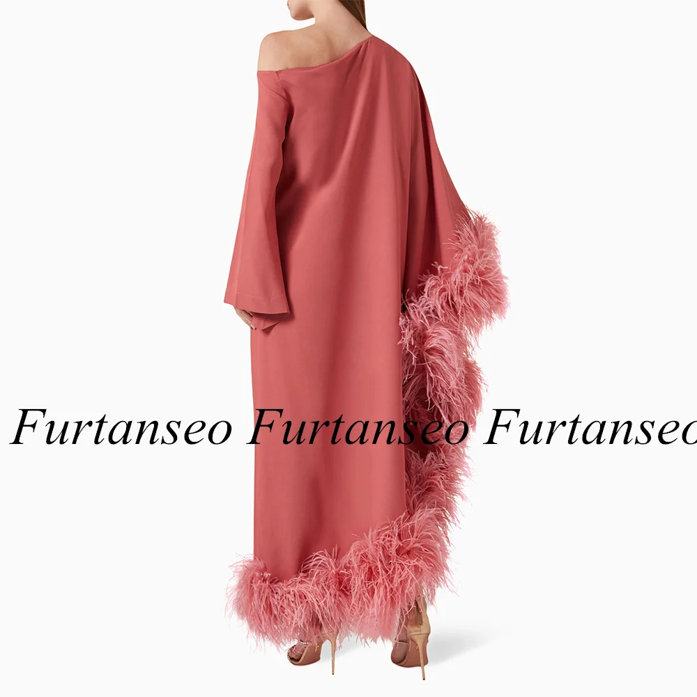 Rust Red Prom Dress with Feathers Batwing Sleeve Ankle Length A Line High Quality Luxury Evening Dresses Formal Party Gown