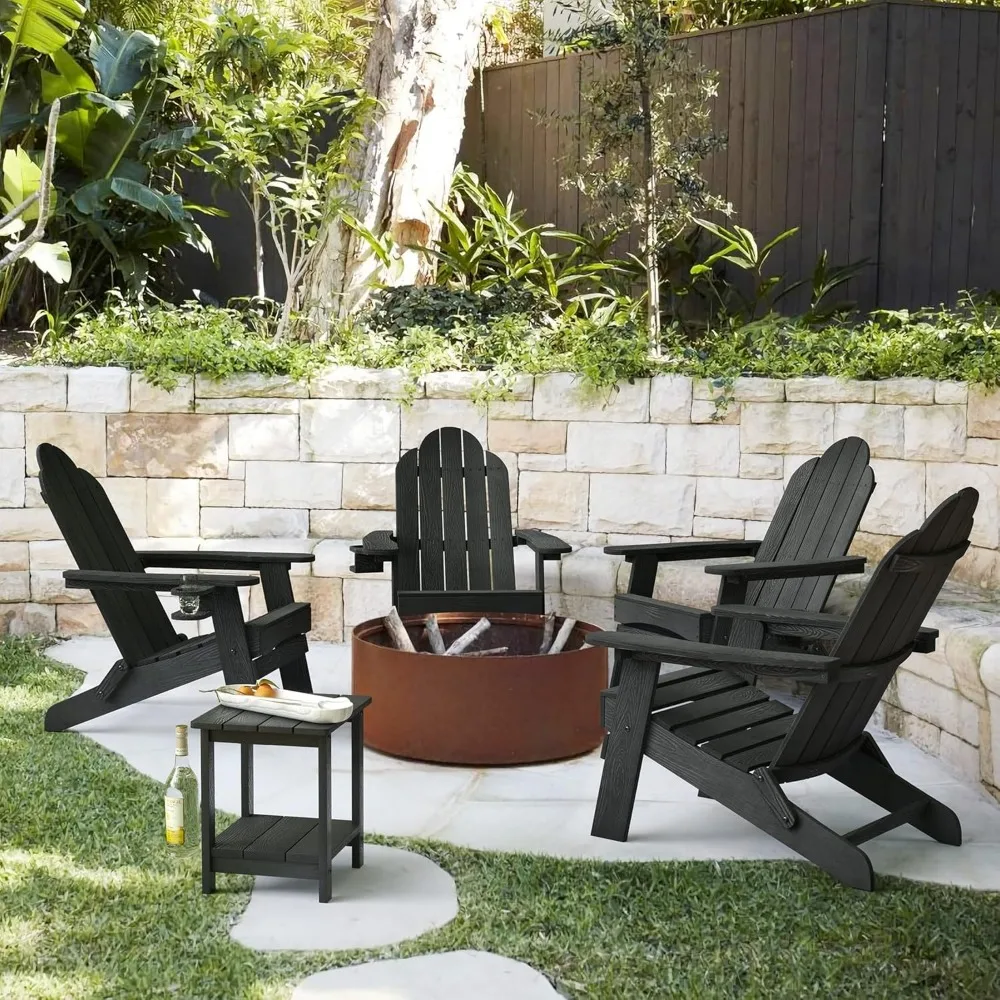

Folding Adirondack Chair Set of 4, Black HDPS Fire Pit Patio Chairs Weather Resistant, Modern Plastic Outdoor Chairs with Cup H