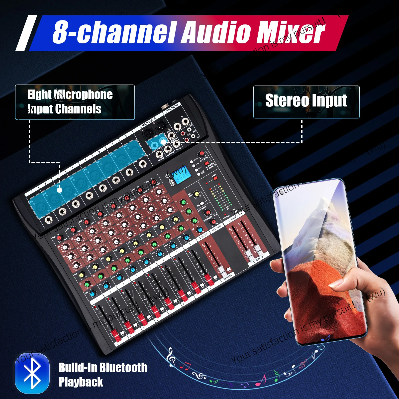 

7/8-Channel Professioneller Mixer, Soundboard Konsole with Bluetooth USB PC Recording Input XLR Microphone Jack