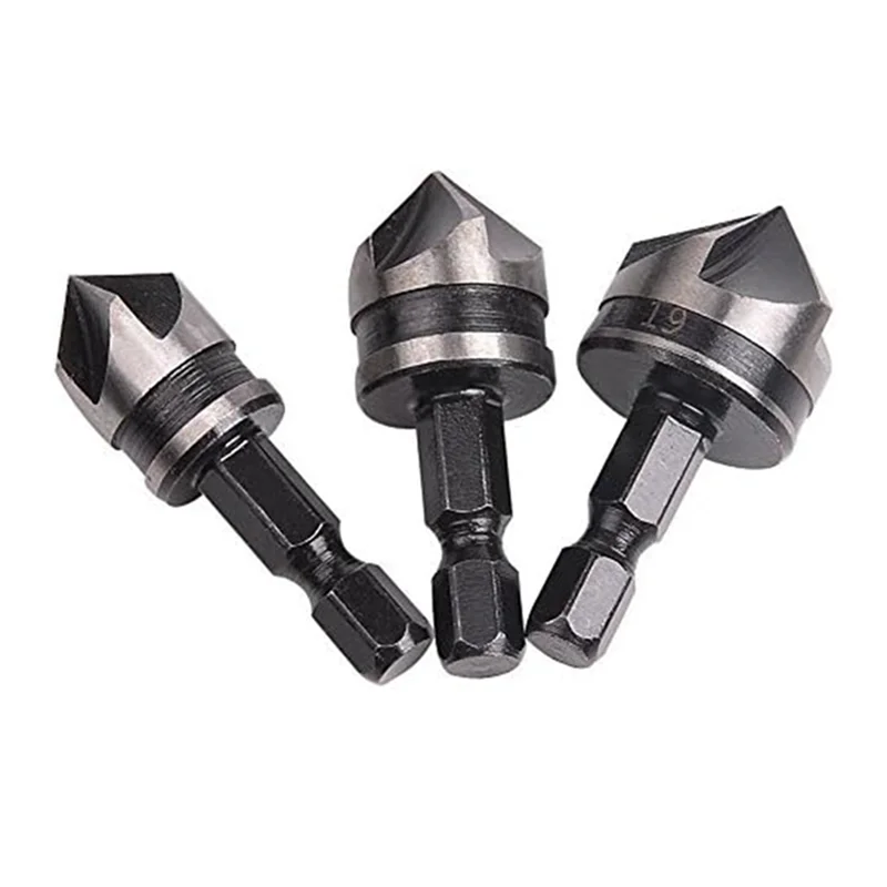 3 Piece 1/4Inch Hex 12/16/19mm Countersink Bore Set for Wood Metal Quick Change Bit