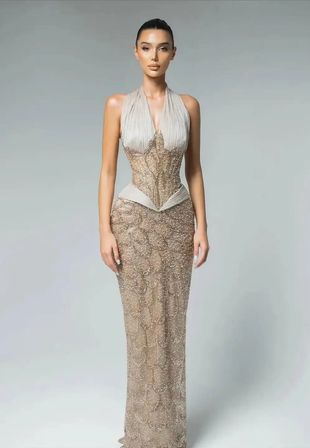 

Ofherown Elegant Halter Beaded Evening Dresses Corset Mermaid Prom Gowns Sleeveless Vestidos De Noches for Wedding Gala