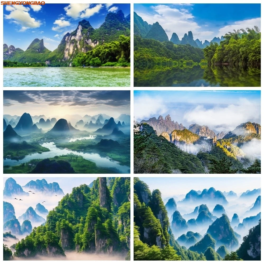 

Nature Scenery Backdrop Mountain River Forest Plain Blue Sky White Clouds Birthday Party Travel Portrait Photography Background