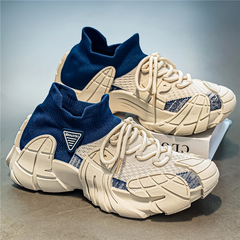 Men's Sock Knit Chunky Platform Sneakers Breathable Thick Sole Casual Shoes Shock Absorbing Streetwear Outdoor Sports Trainers