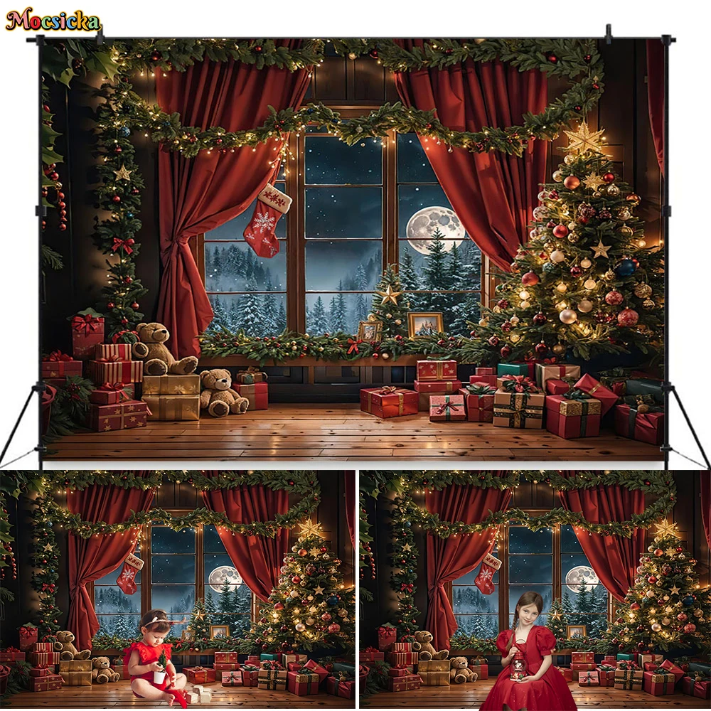 Christmas Window Background Photography New Year\'s Eve Glitter Xmas Tree Red Curtain Backdrop Gift Booth Kids Family Room Photo