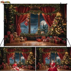 Christmas Window Background Photography New Year's Eve Glitter Xmas Tree Red Curtain Backdrop Gift Booth Kids Family Room Photo